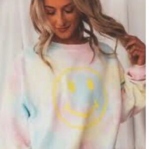 Chicka-d Pastel Tie-Dye Smiley Face Waffle Knit Sweatshirt Women’s Size M